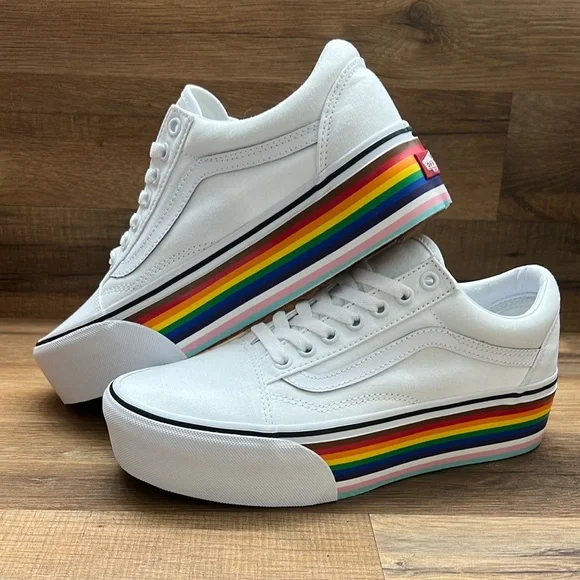 Vans Women's White Platform Sneakers with Rainbow Sole - Picture 2 of 8